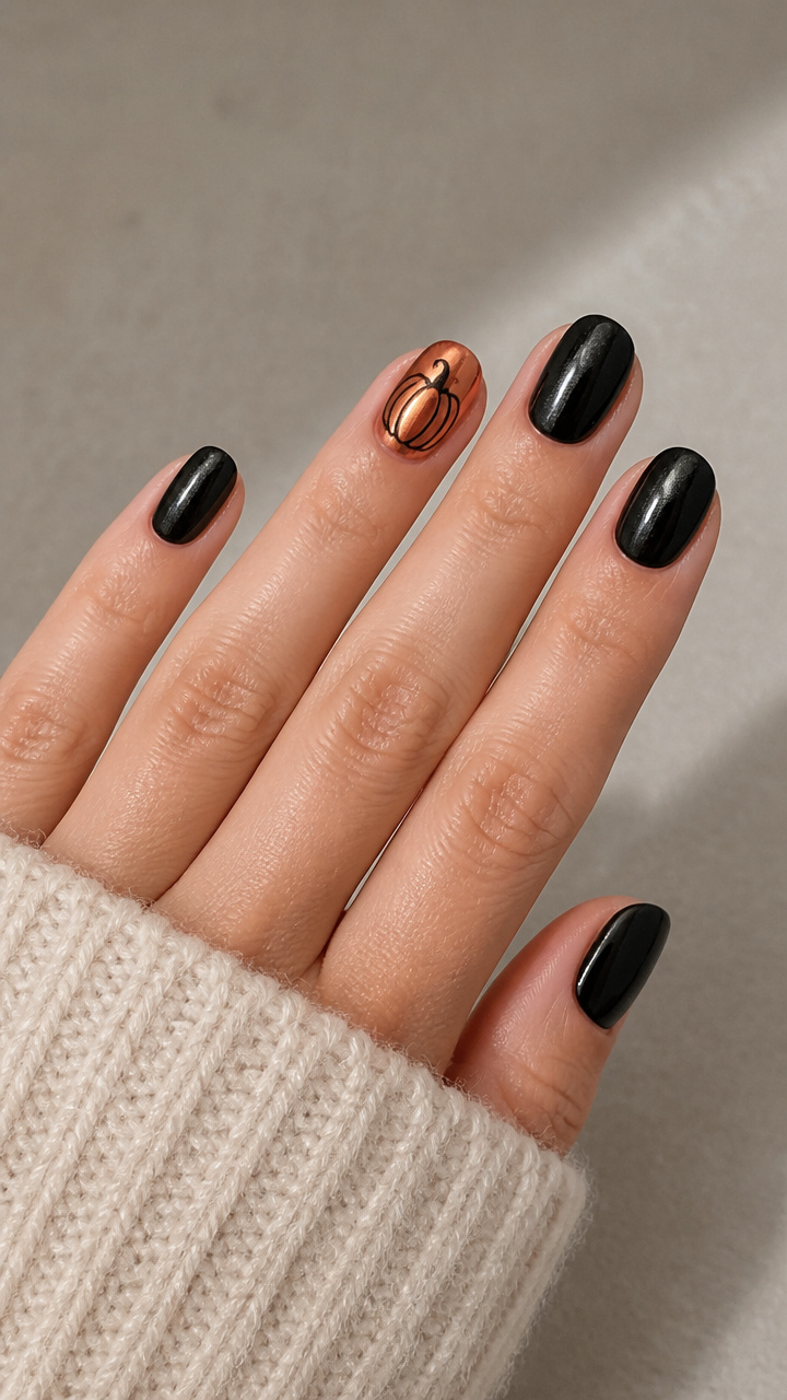 Metallic Chrome Pumpkin Accent Nail Design