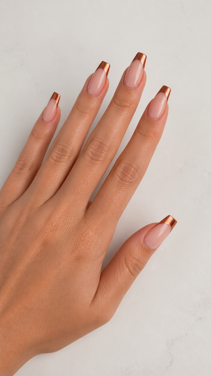 Metallic Copper French Tips on Coffin Shaped Nails
