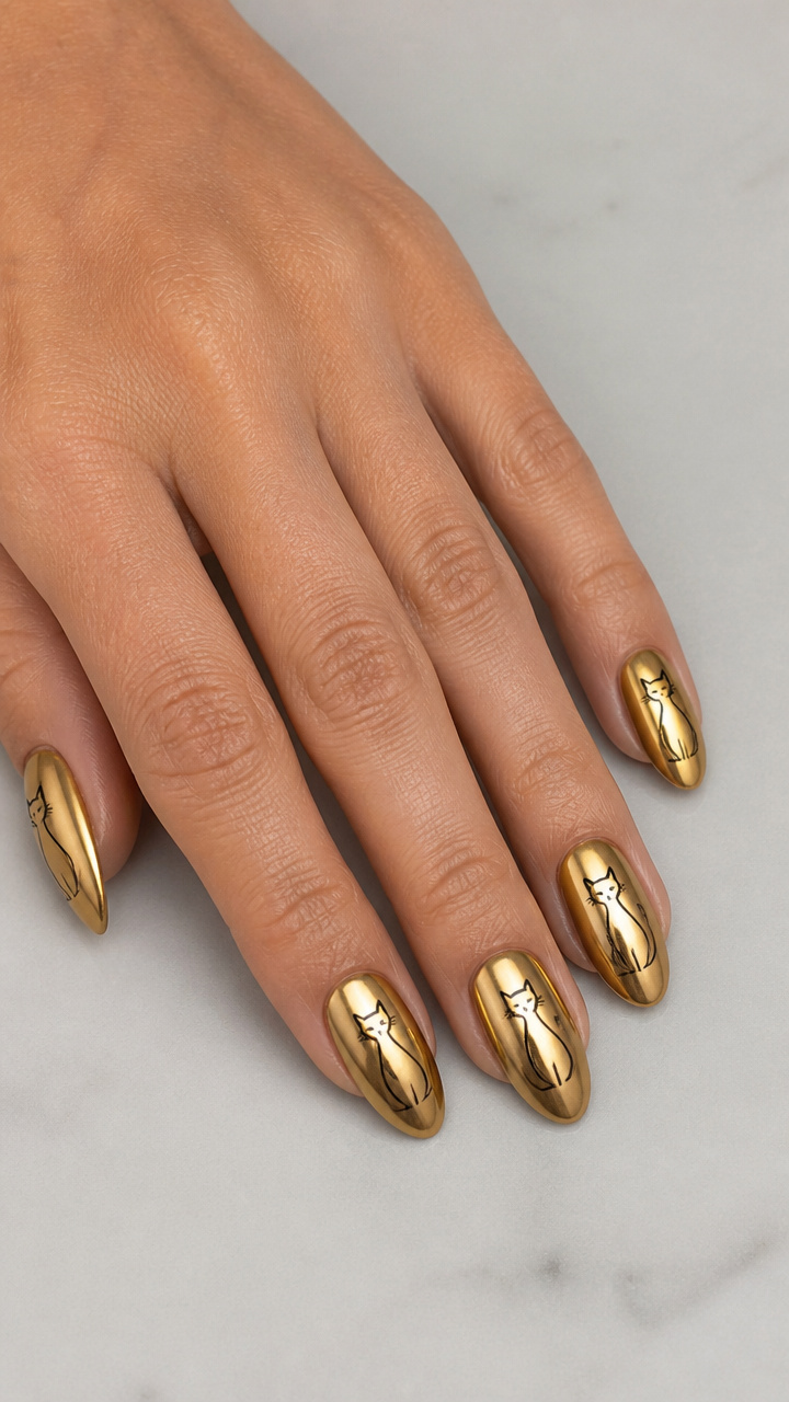 Metallic Gold Chrome Nails with Sleek Black Cat Outline Art