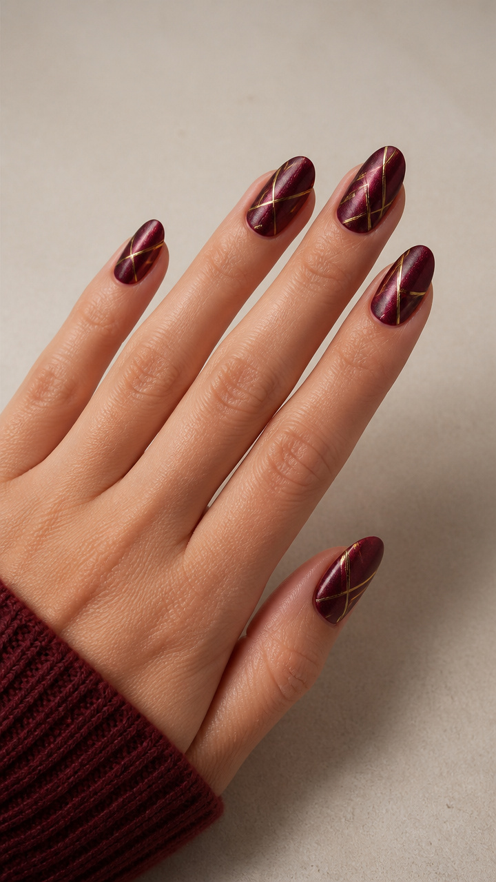 Metallic Gold Geometric Lines over Burgundy Velvet