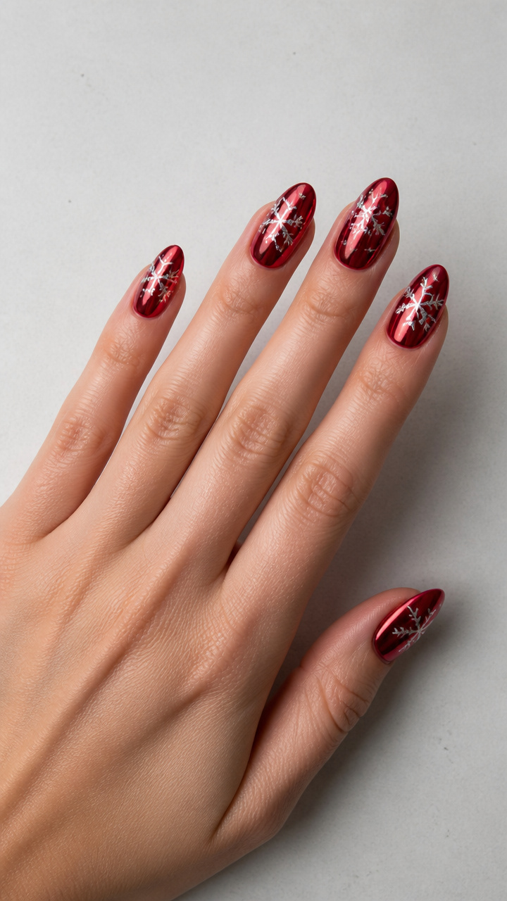 Metallic Red Chrome Finish with Silver Snowflakes