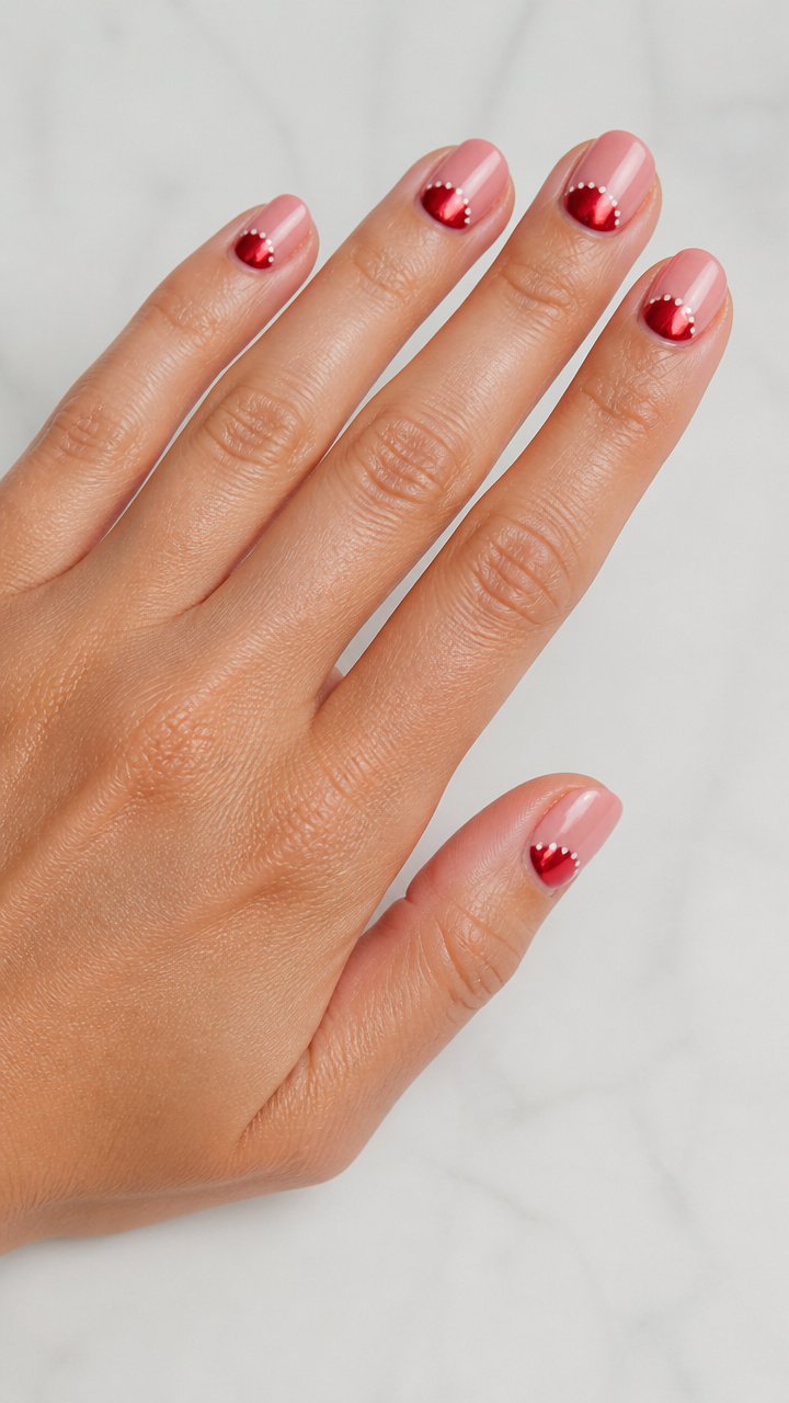 Metallic Red Chrome Half-Moons with White Polish Dots