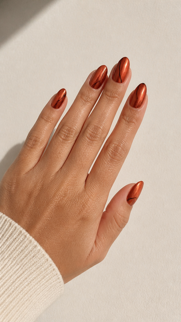 Metallic Rust Chrome Nails with Minimalist Black Lines