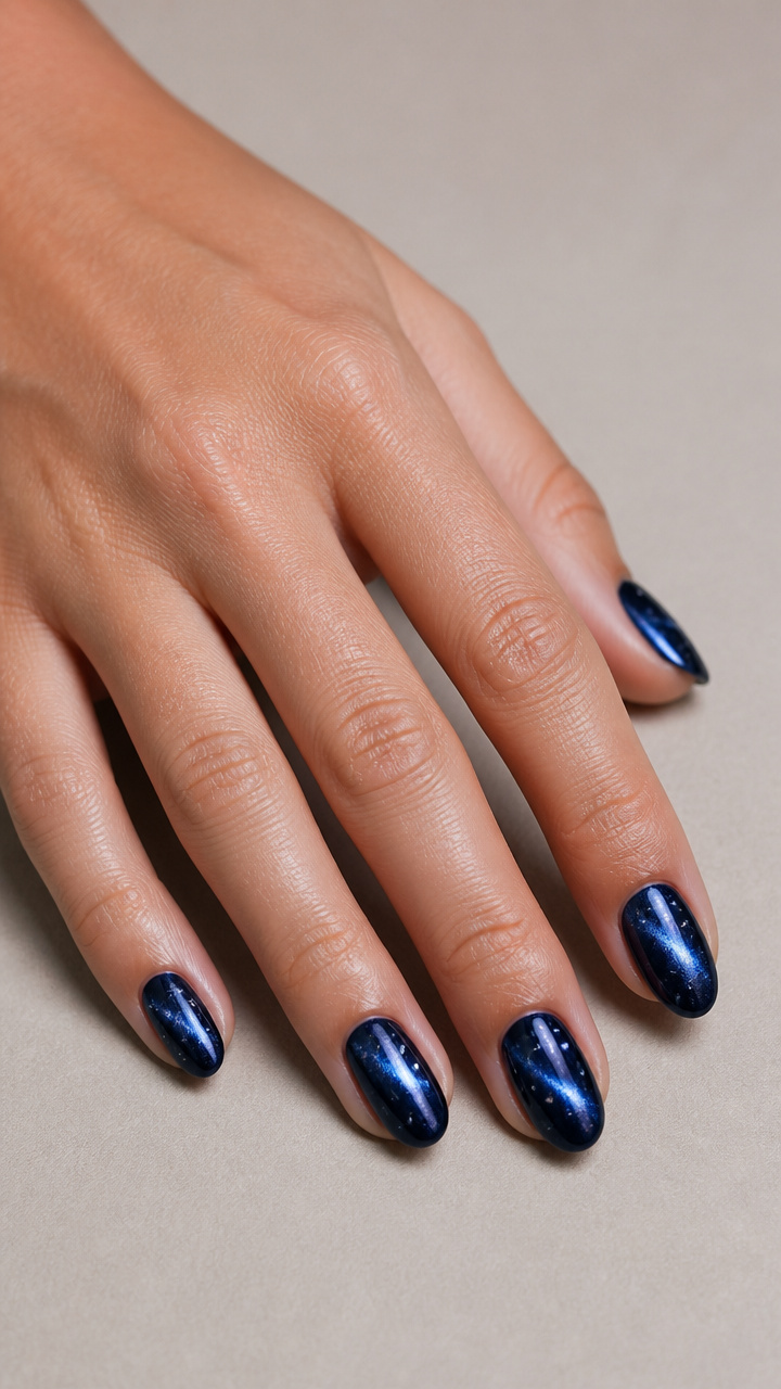Midnight Blue Chrome Nails with Starry Night Overlay Pattern