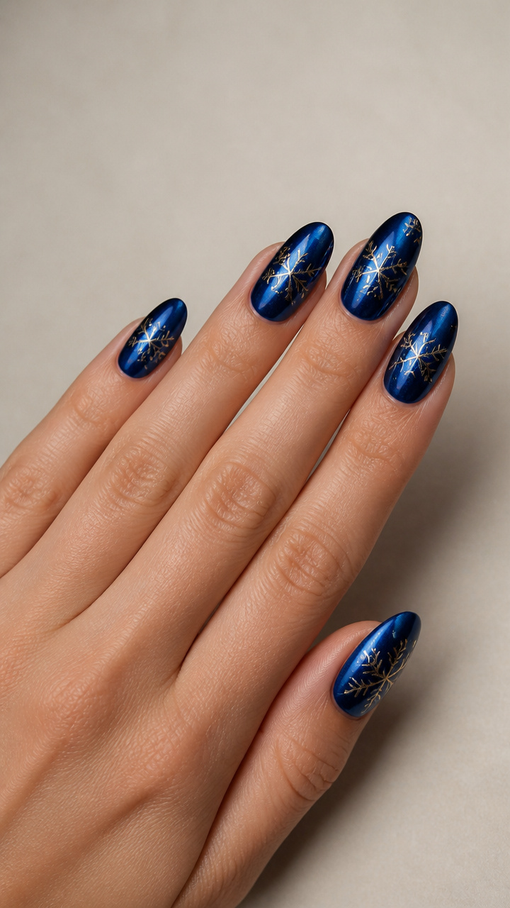Midnight Blue Chrome Ovals with Gold Snowflake Etching