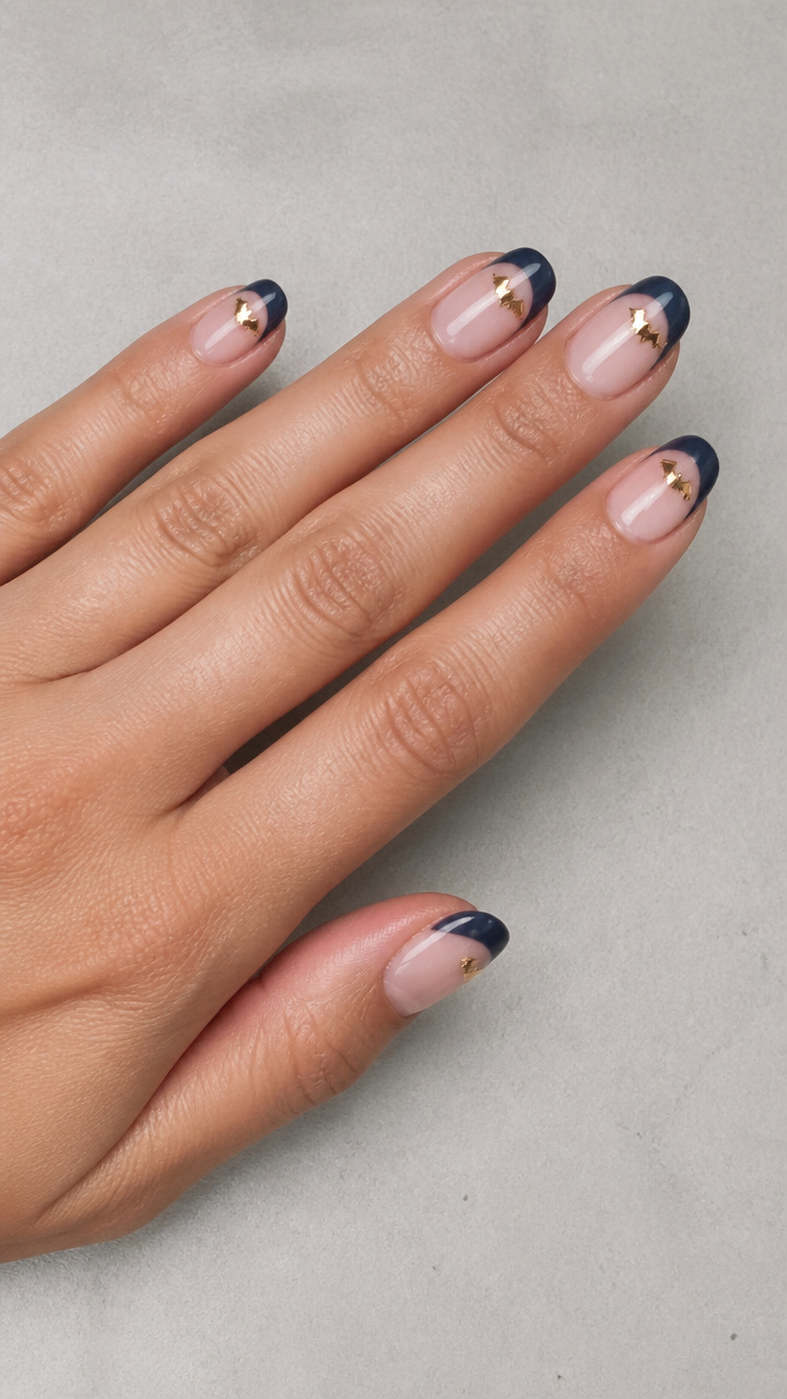 Midnight Blue French Tips with Gold Foil Bats