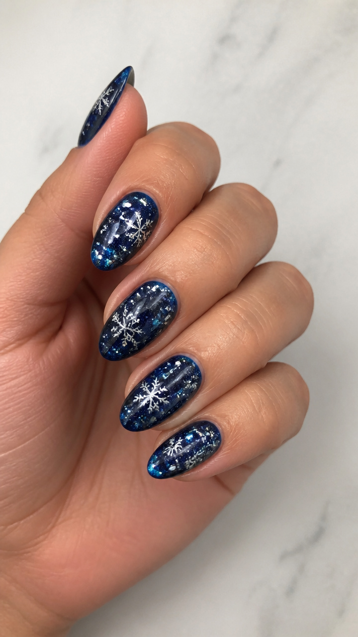 Midnight Blue Galaxy Nails with Glittering Snowflake Clusters