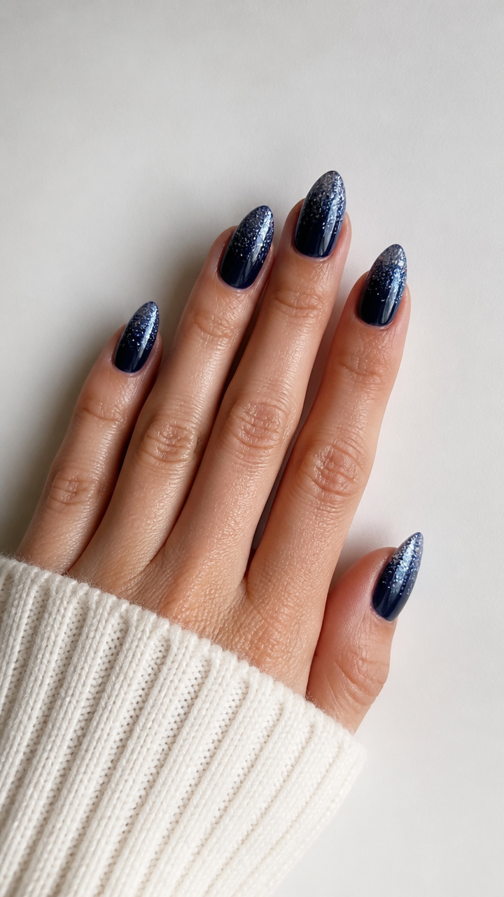 Midnight Blue Glitter Gradient Ombre on Almond Tips