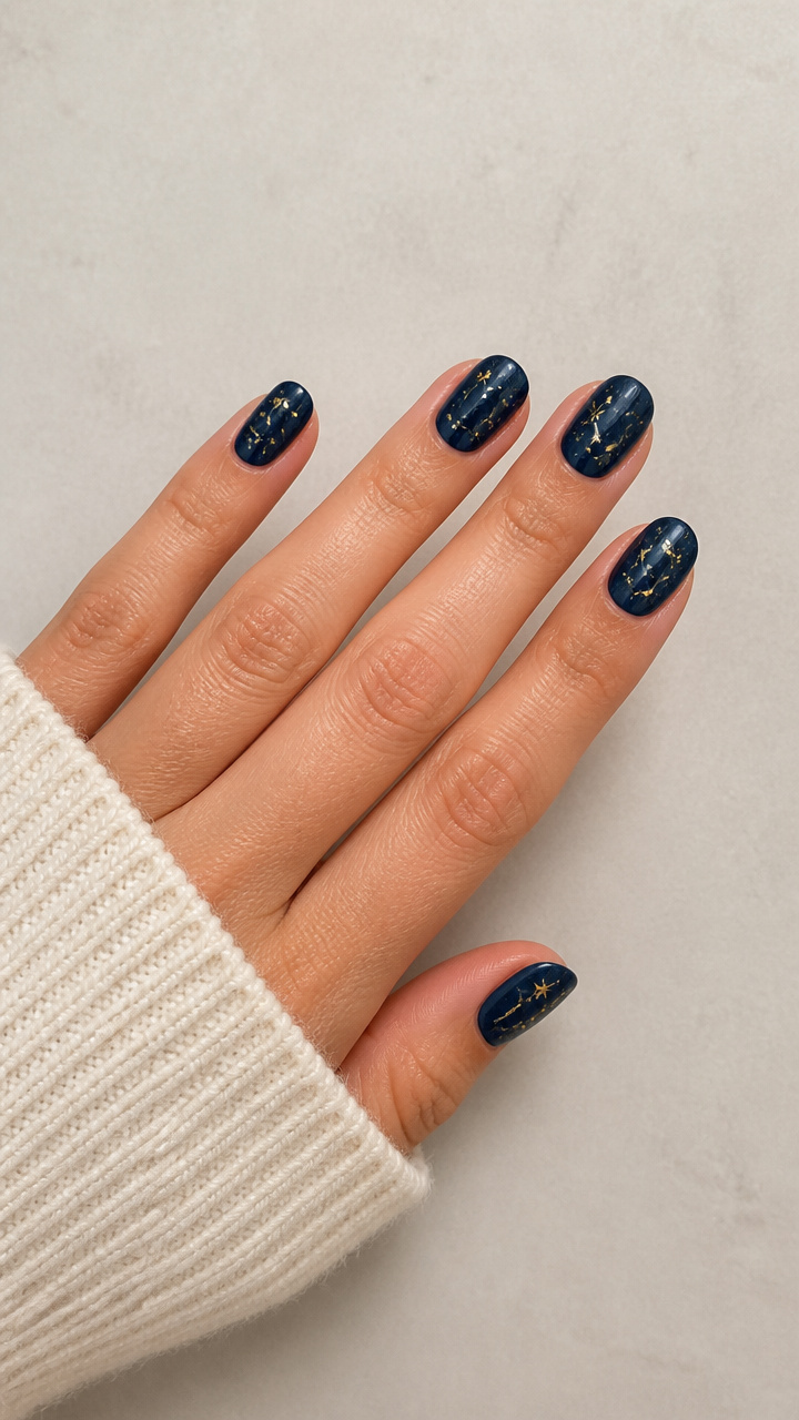 Midnight Blue Nails with Gold Star Constellations