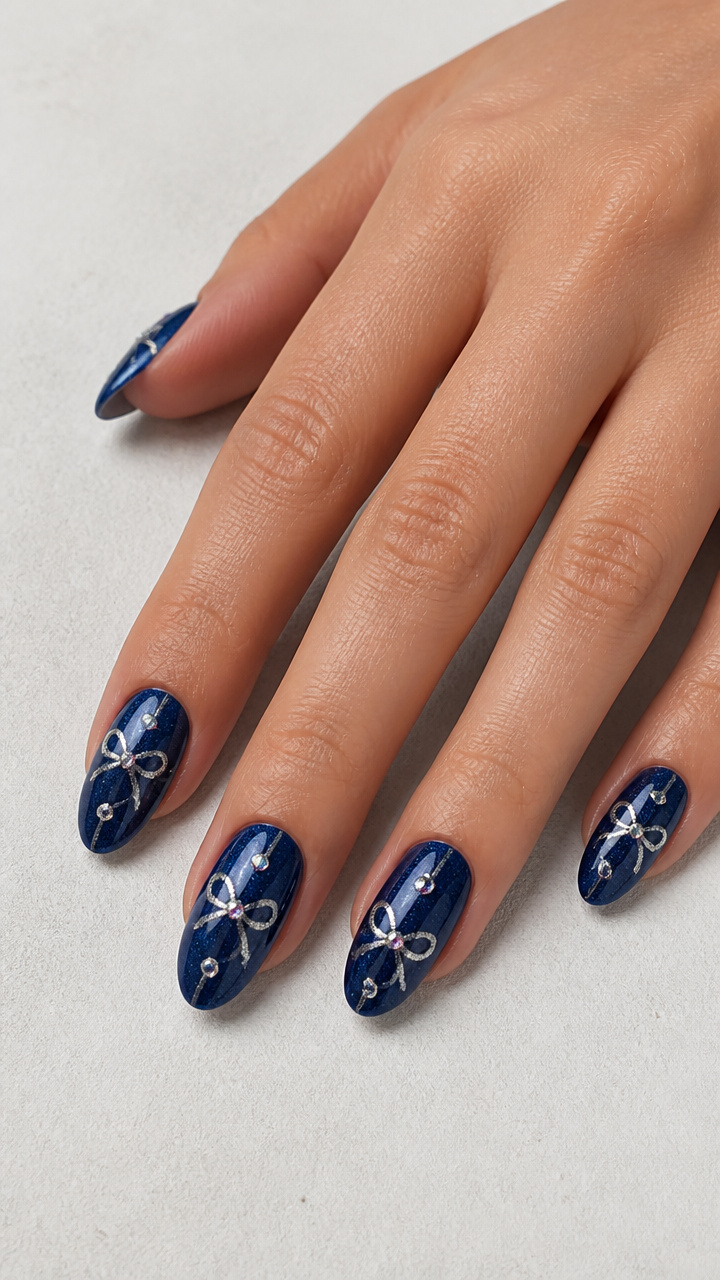 Midnight Blue Nails with Silver Ribbon Swirls and Crystal Embellishments