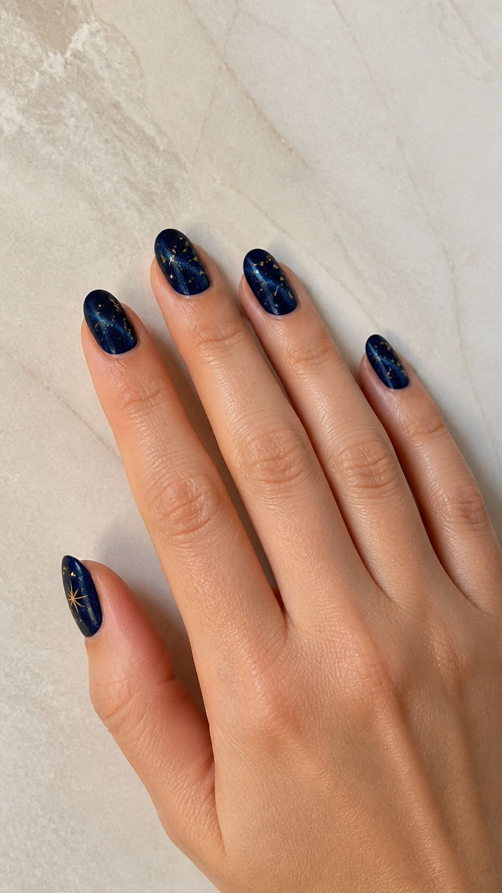 Midnight Navy Velvet Nails with Starlight Constellations