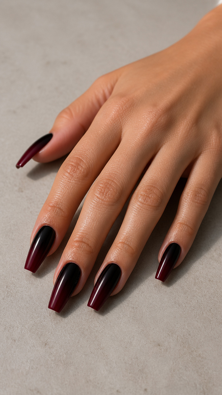 Midnight Ombre Transition from Black to Oxblood on Flare Nails