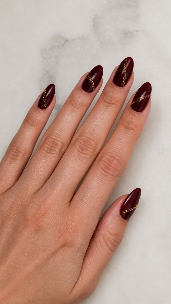 Midnight Red Almond Nails with Dainty Gold Chain Details