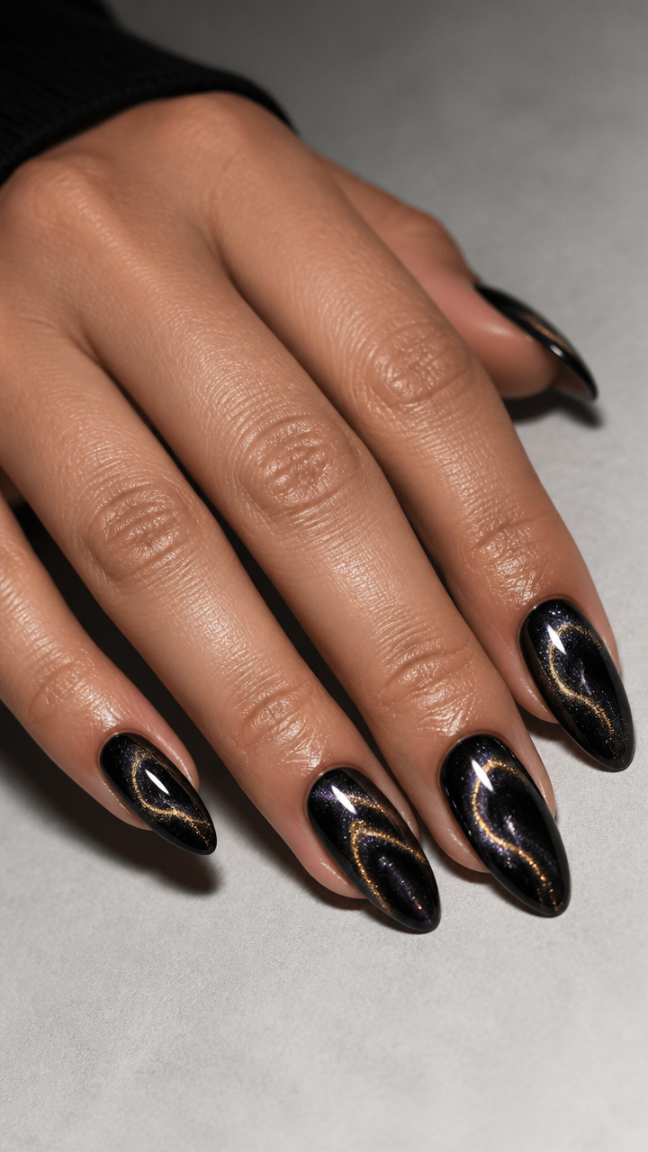 Midnight Velvet Almond Nails with Swirling Gold Cat Eye