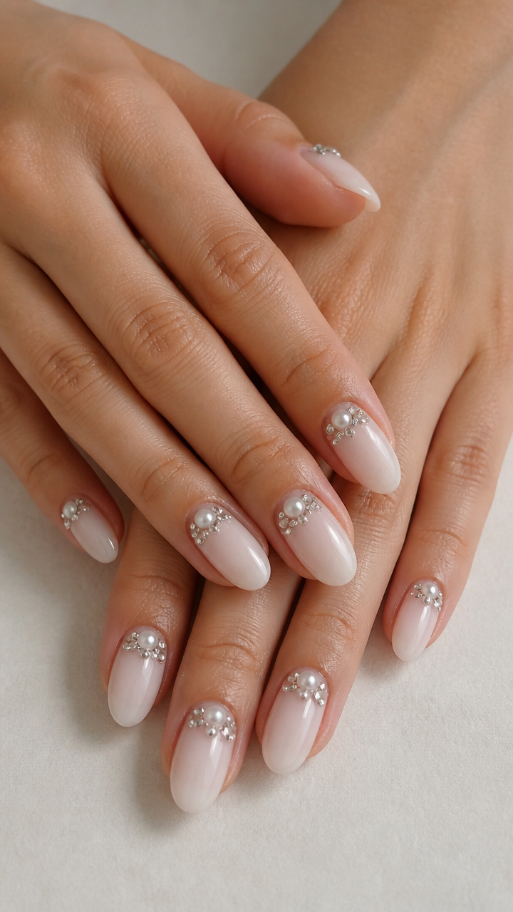 Milky White Oval Nails with Pearl and Rhinestone Clusters
