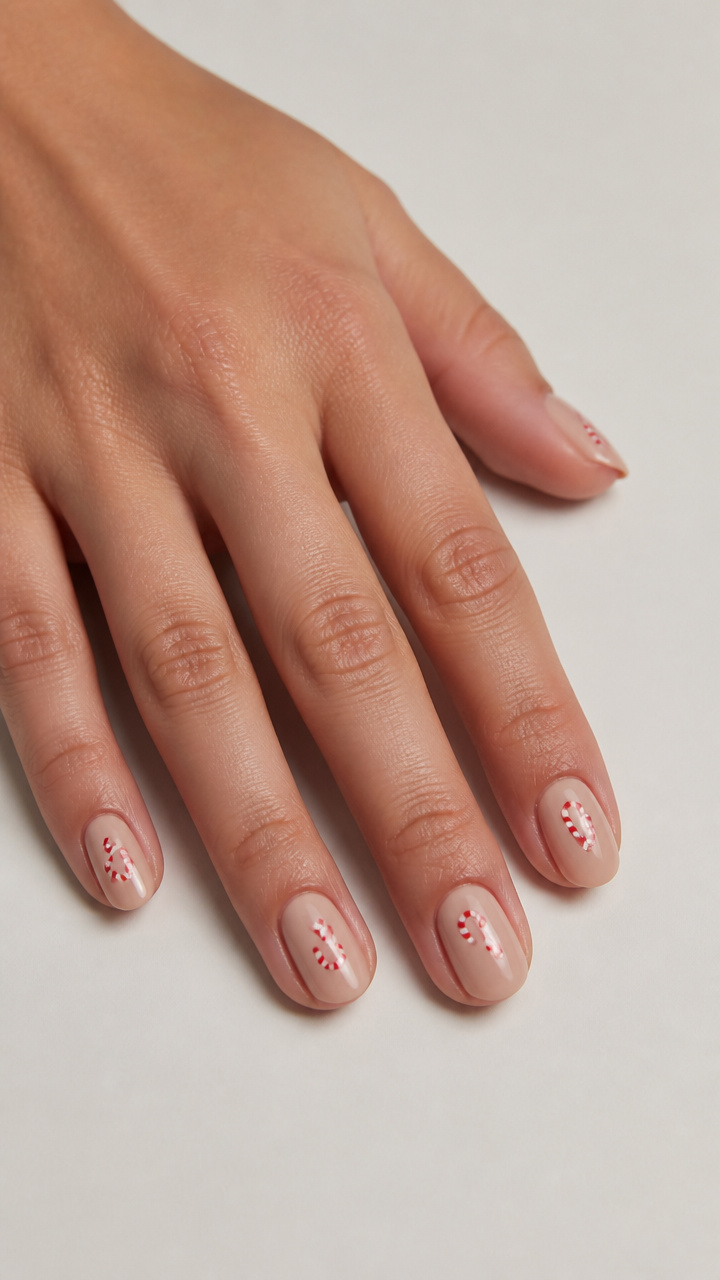 Miniature Candy Cane Strips on Neutral Beige Nails