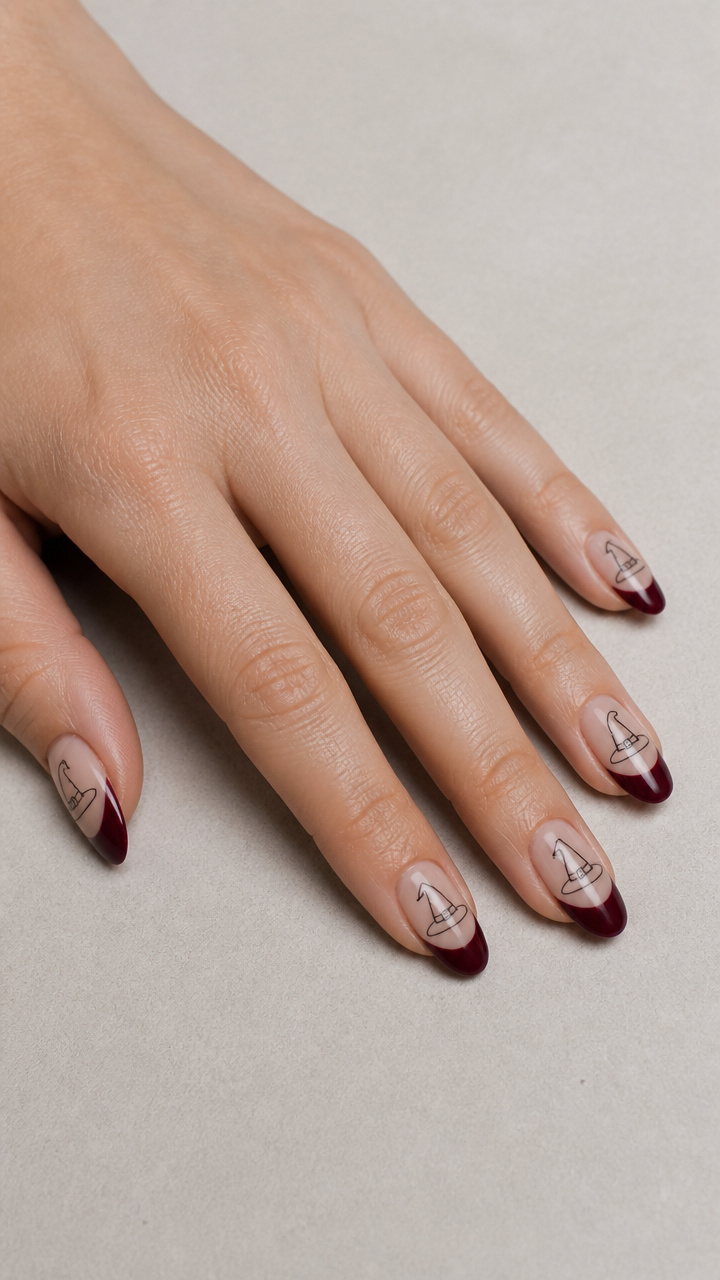 Minimalist Witch Hat Line Art on Oxblood French Tips