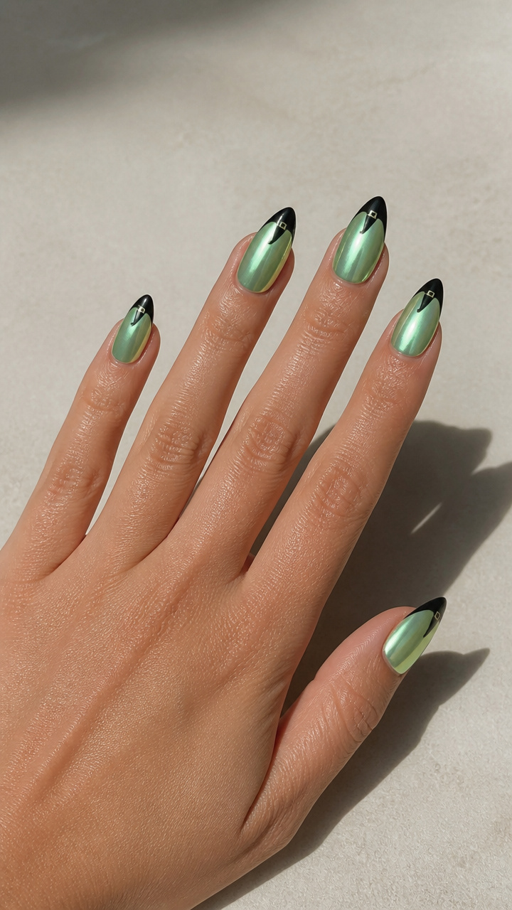 Mint Green Chrome Nails with Witches Hat French Tip Design