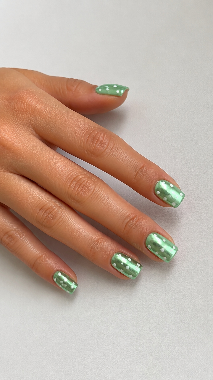 Mint Green Chrome Square Nails with White Chrome Dots