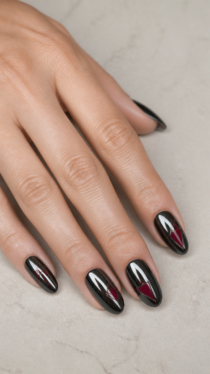 Mirror Black Chrome with Burgundy Geometric Inlays