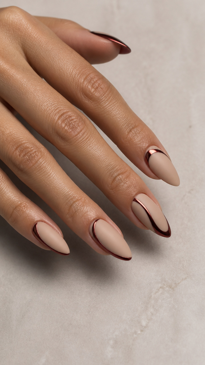 Mirror Chrome Oxblood Accents on Matte Nude Almond Nails