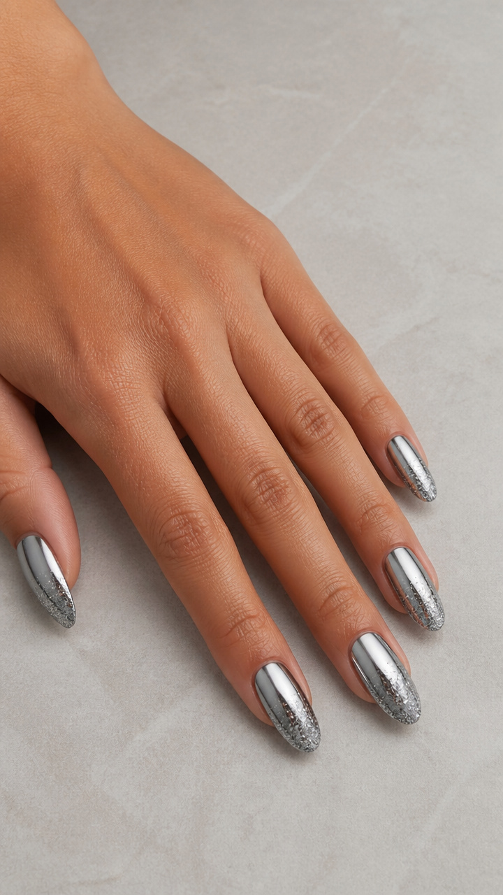 Mirror Silver Chrome Nails with Ombre Glitter Gradient at the Tips