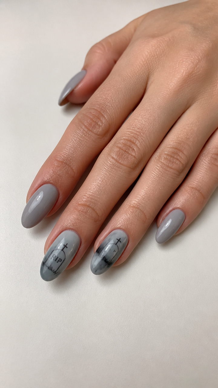 Misty Grey Almond Nails with Watercolor Tombstone Accents
