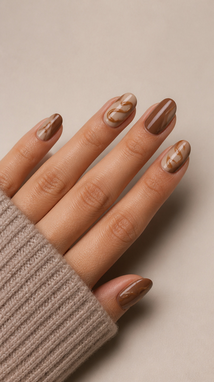 Mocha Latte Nails with Caramel Drizzle Art