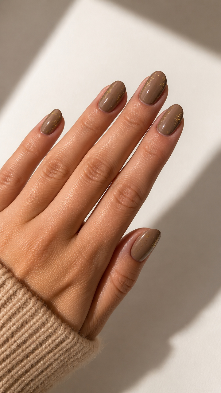 Mocha Latte Nails with Tiny Gold Star Accents