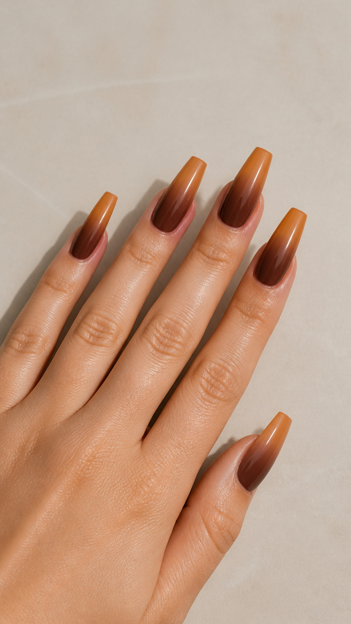 Mocha Ombre with Amber Acrylic Sculpted Coffin Nails