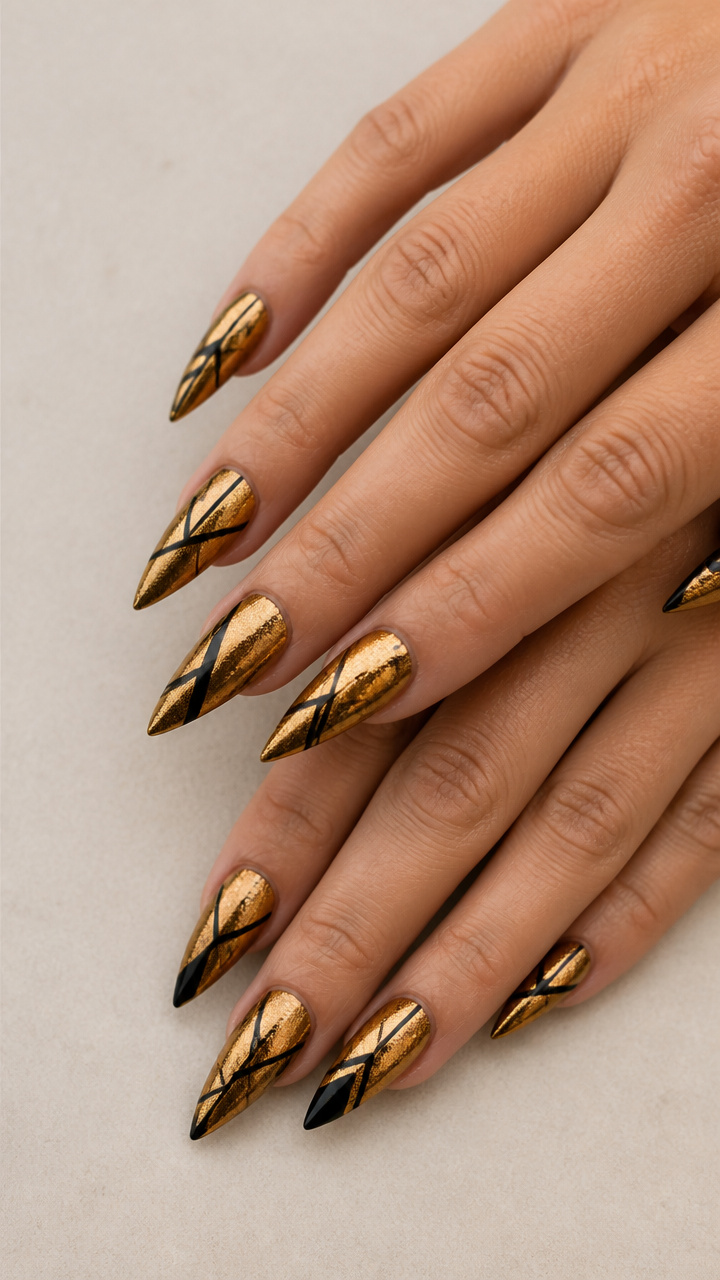 Molten Gold Velvet Stiletto Nails with Black Geometry
