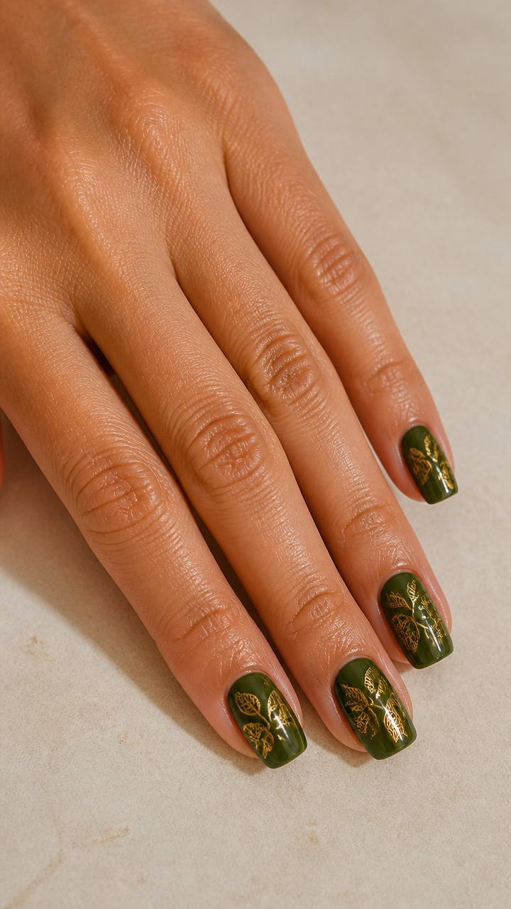Moss Green Base with Gold Veined Leaf Motifs