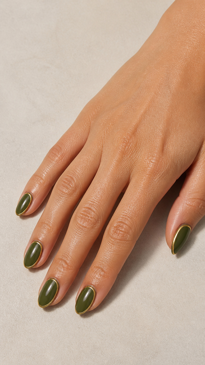 Moss Green C-Shaped Nails with Gold Rim Edges