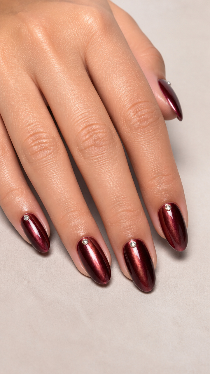 Mulled Wine Metallic Oval Nails with Diamond Studs