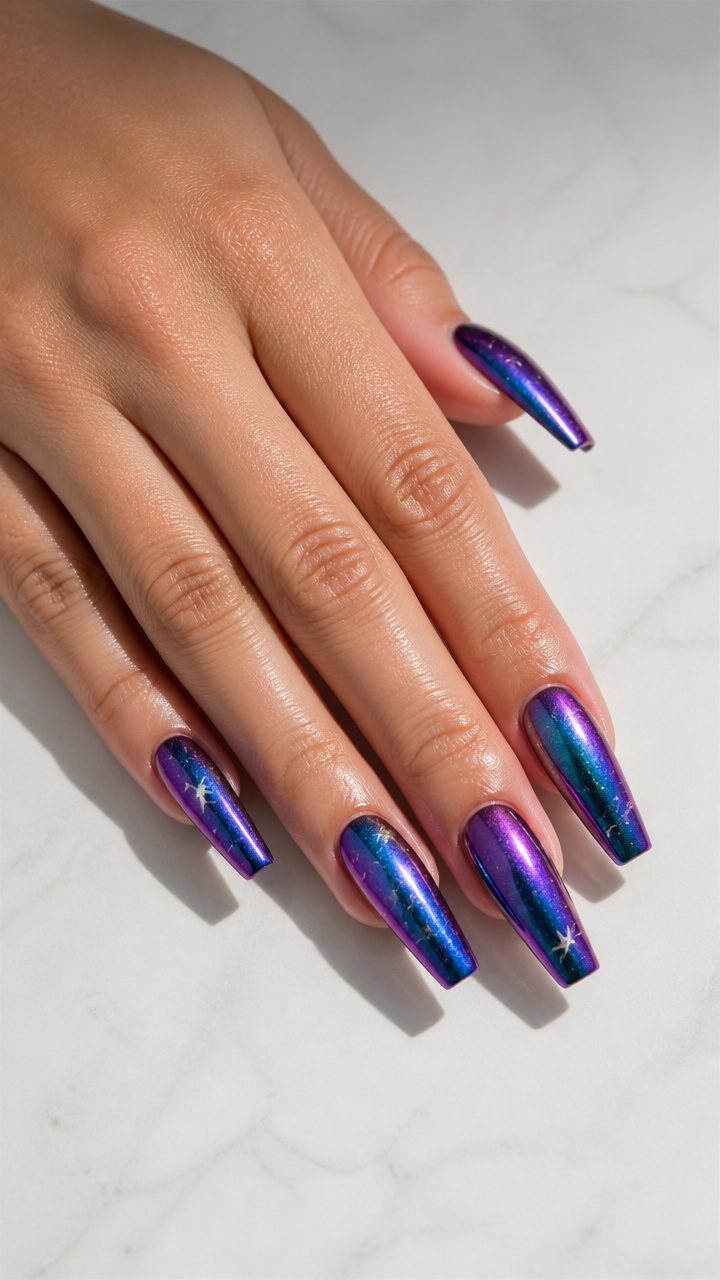 Multi-Chrome Galaxy Chrome Coffin Nails with Star Decals