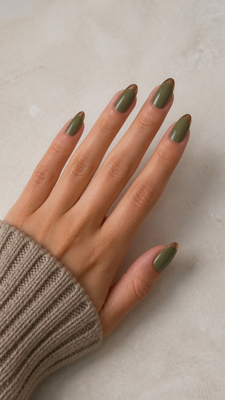 Muted Olive Green Almond Nails with Bronze Metallic Tips