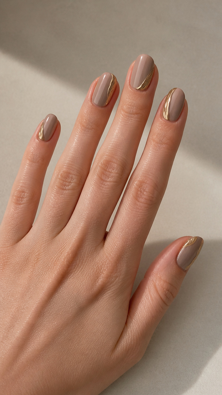 Muted Taupe Nails with Asymmetrical Gold Chrome Accents