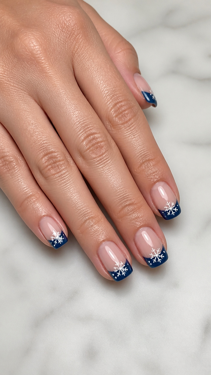 Navy Blue French Tips with White Snowflake Reversal on Free Edge