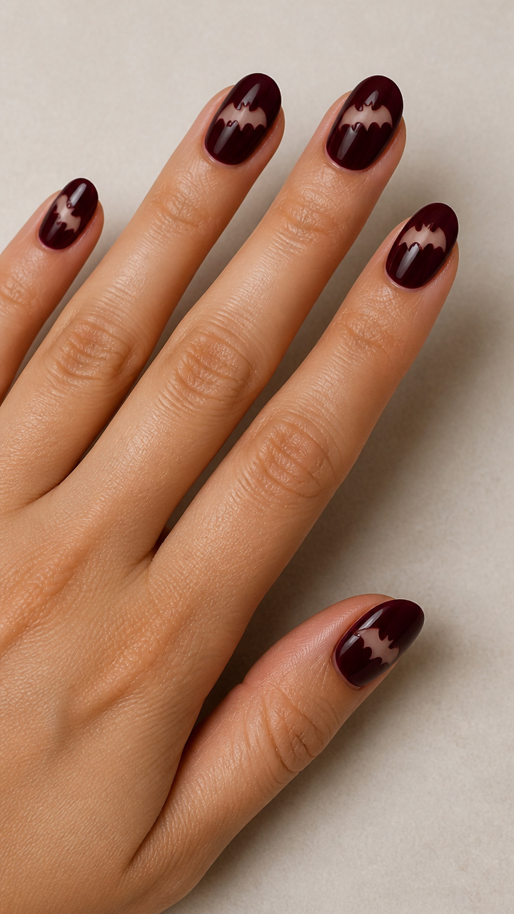 Negative Space Bat Cutouts on Glossy Oxblood Round Nails