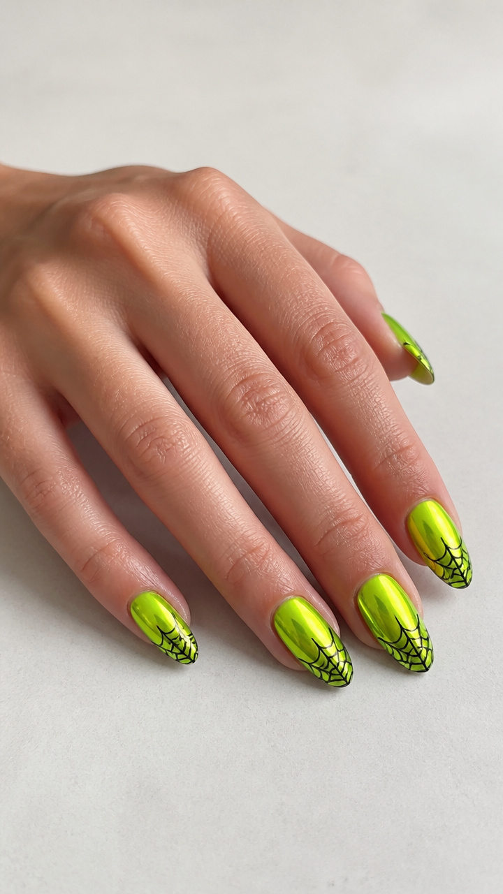 Neon Lime Green Chrome Nails with Delicate Spiderweb French Tips