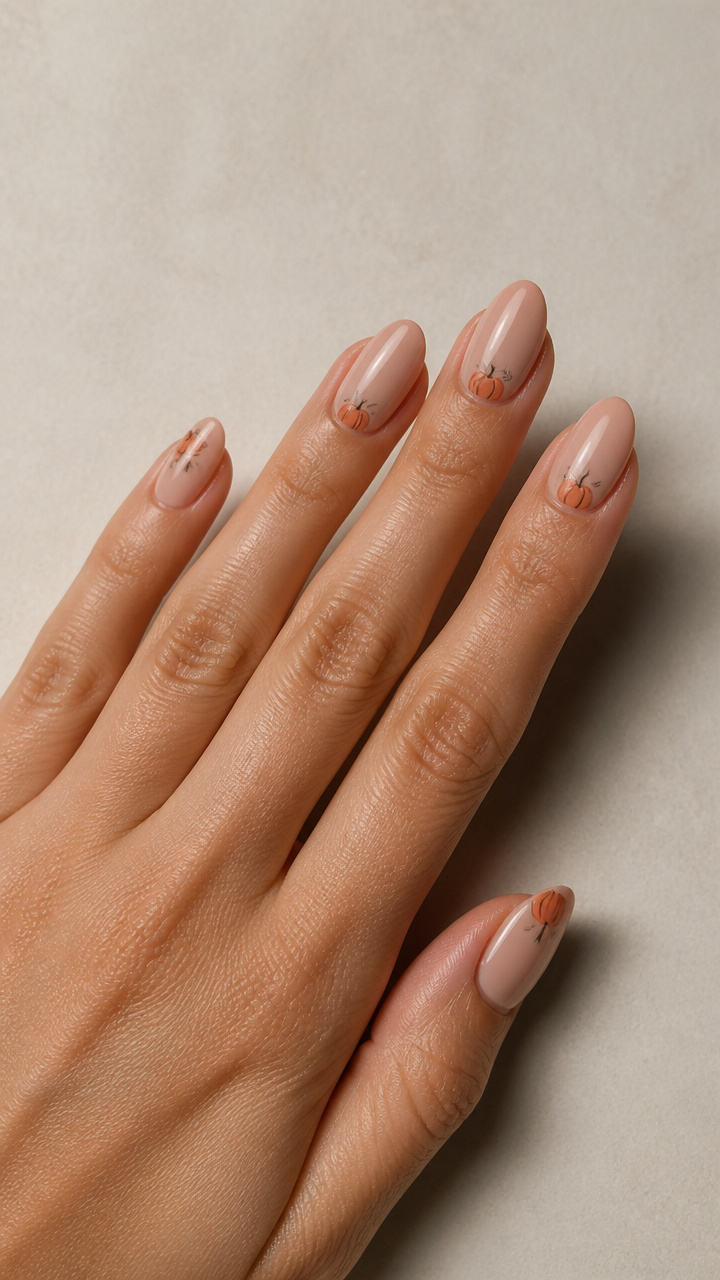 Nude Base with Miniature Orange Pumpkin Hand-Painted Details