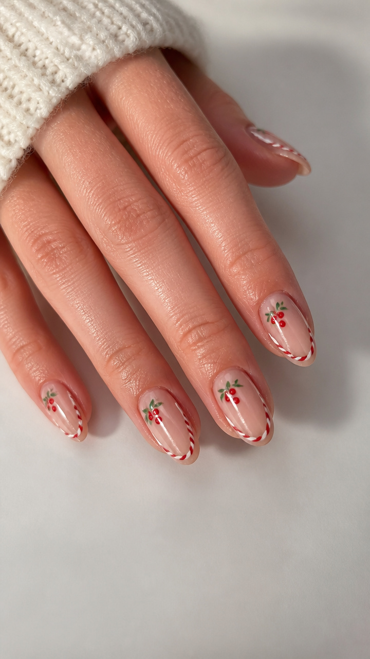 Nude Base with Red Berry Clusters and Woven Ribbon Borders