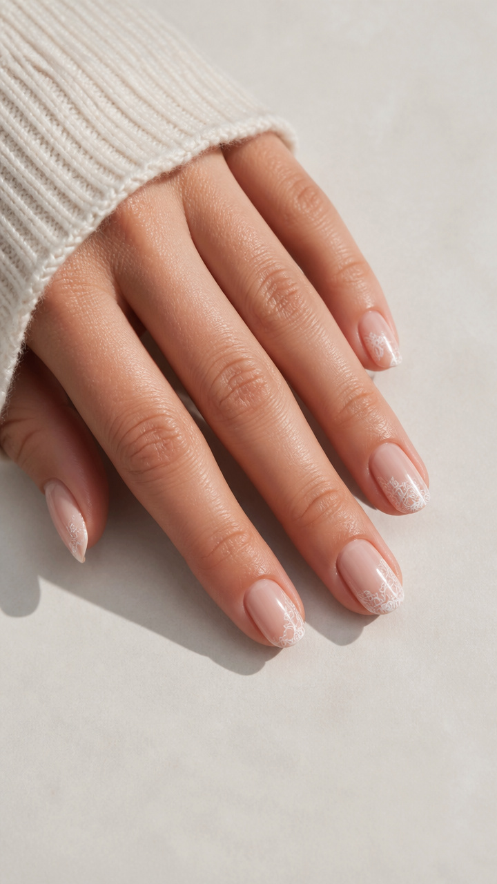 Nude Pink Nails with Delicate Lace Print