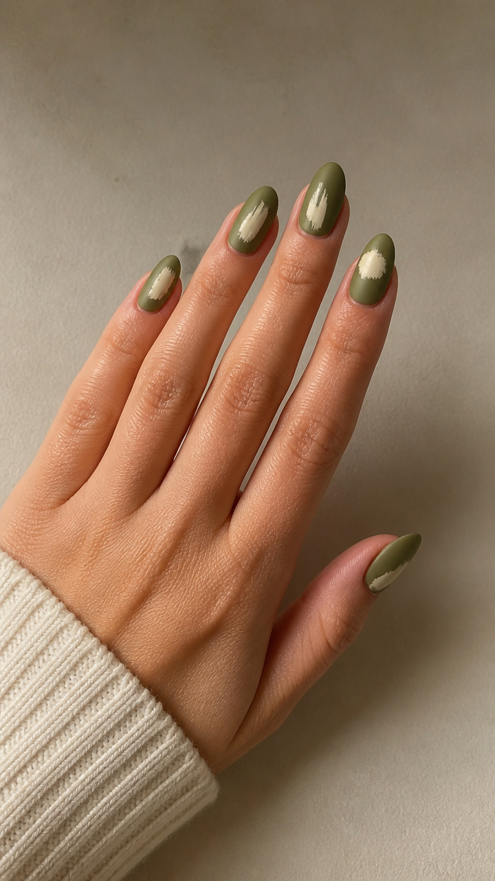 Olive Drab Matte Nails with Cream White Abstract Brushstrokes