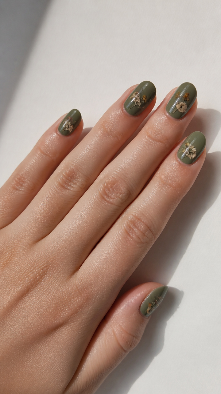Olive Green Base with Dried Flower Pressed Art
