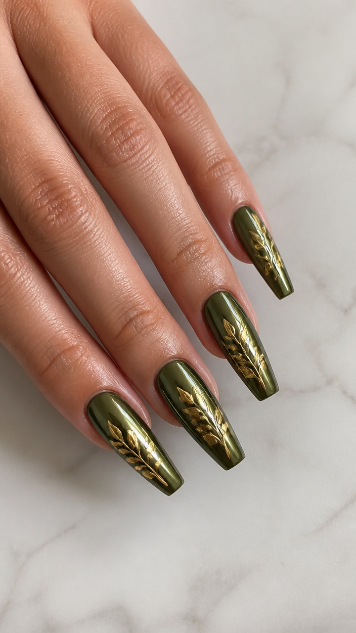 Olive Green Chrome Ballerina Nails with Gold Chrome Leaves