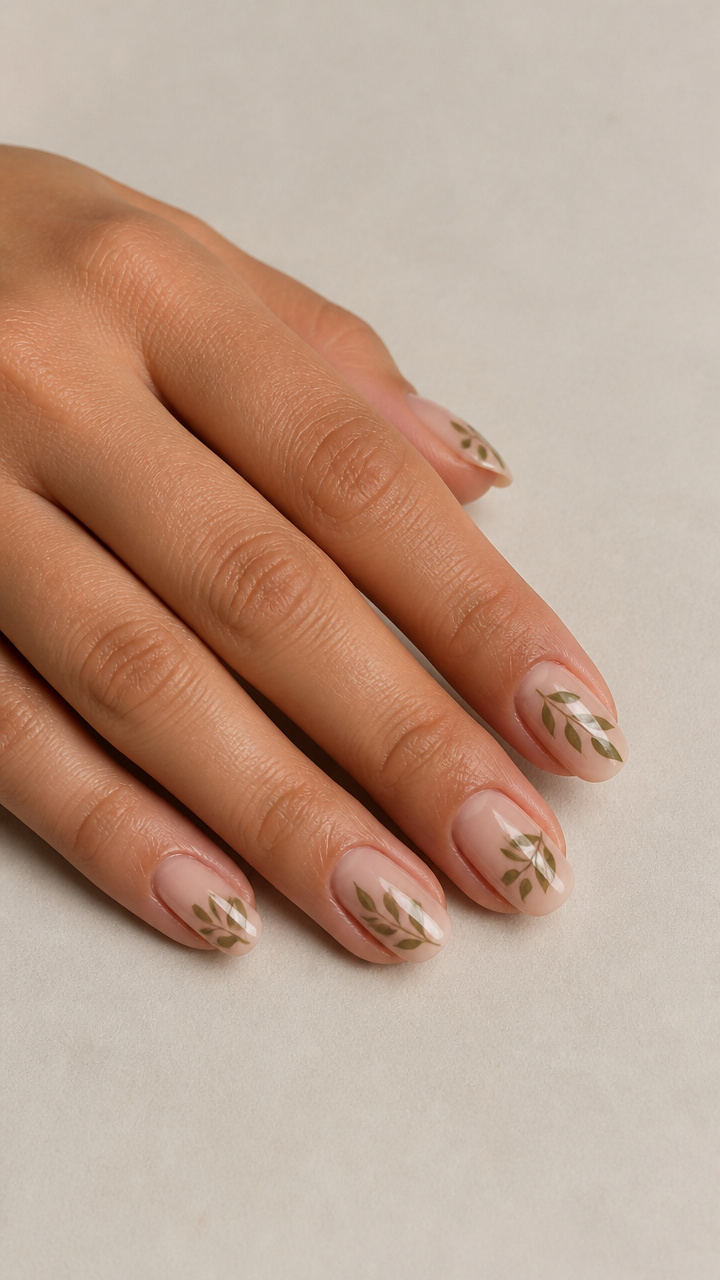 Olive Green Leaf Prints on Barely There Beige