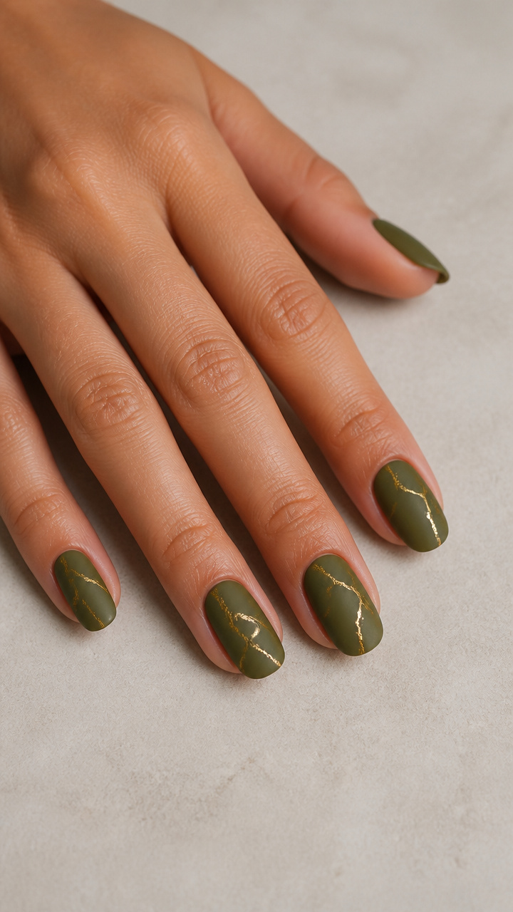 Olive Green Matte Nails with Hand-Painted Gold Veining