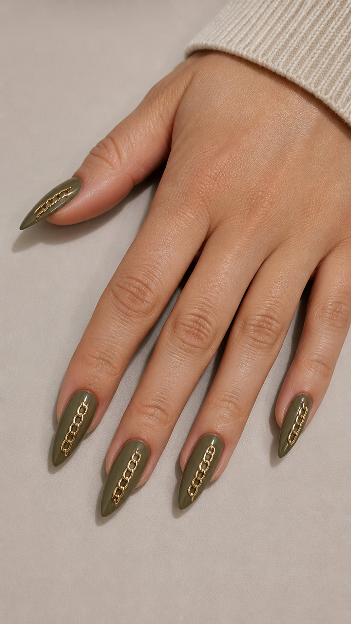 Olive Green Stiletto Nails with Gold Chain Link Details
