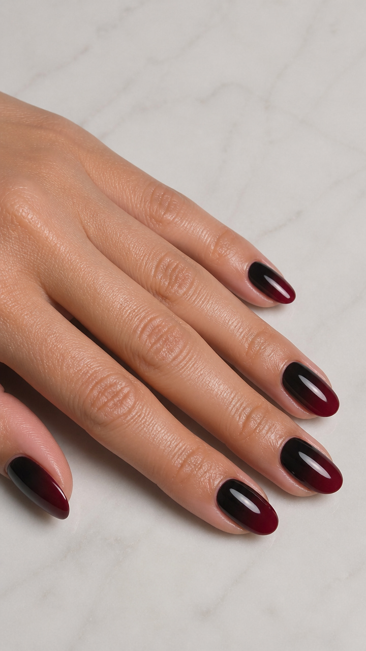 Ombré Black to Burgundy Dipped Powder Nails